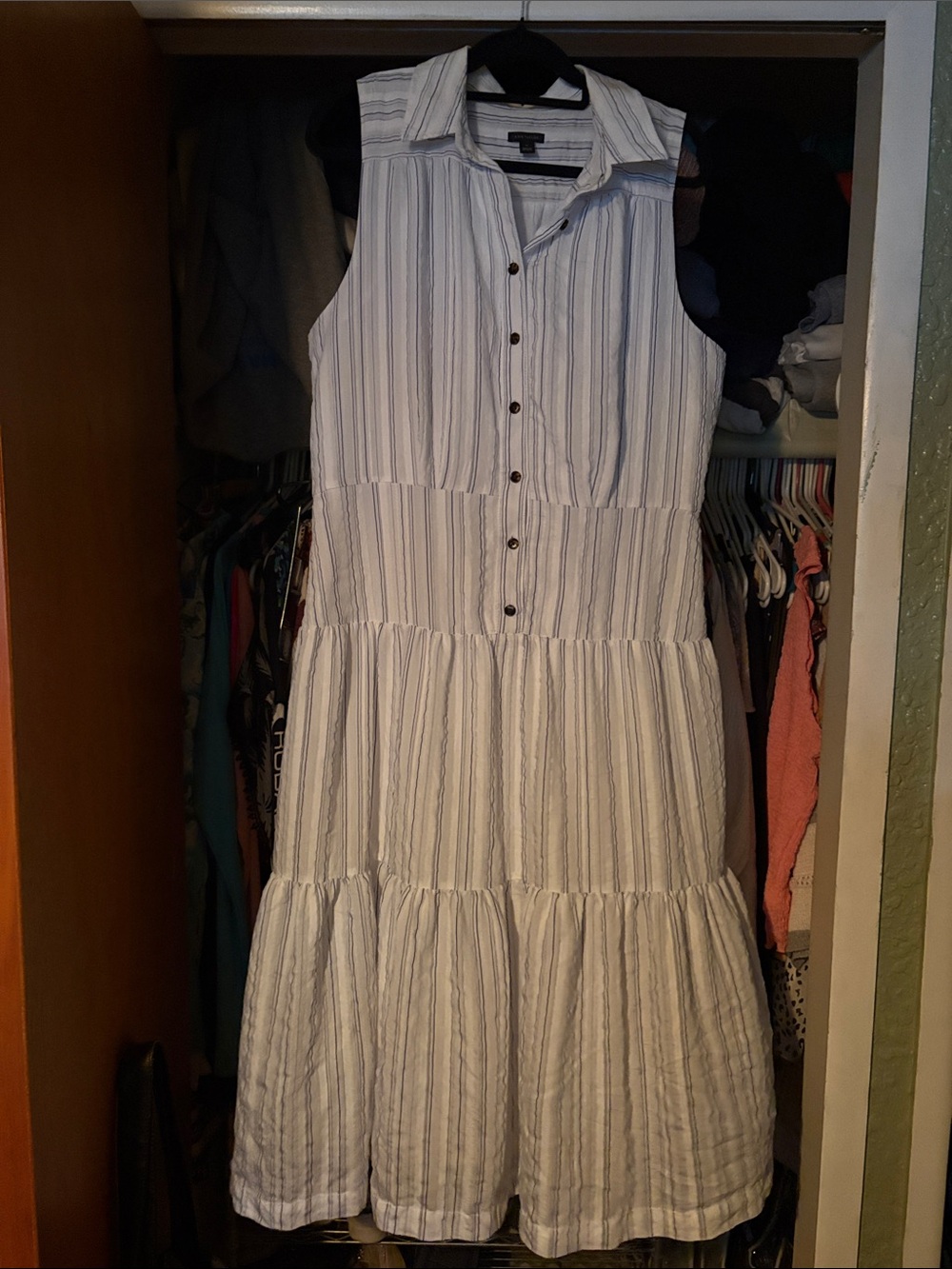 Ann Taylor Sleeveless White Striped Button-Front Tiered Dress Size 16